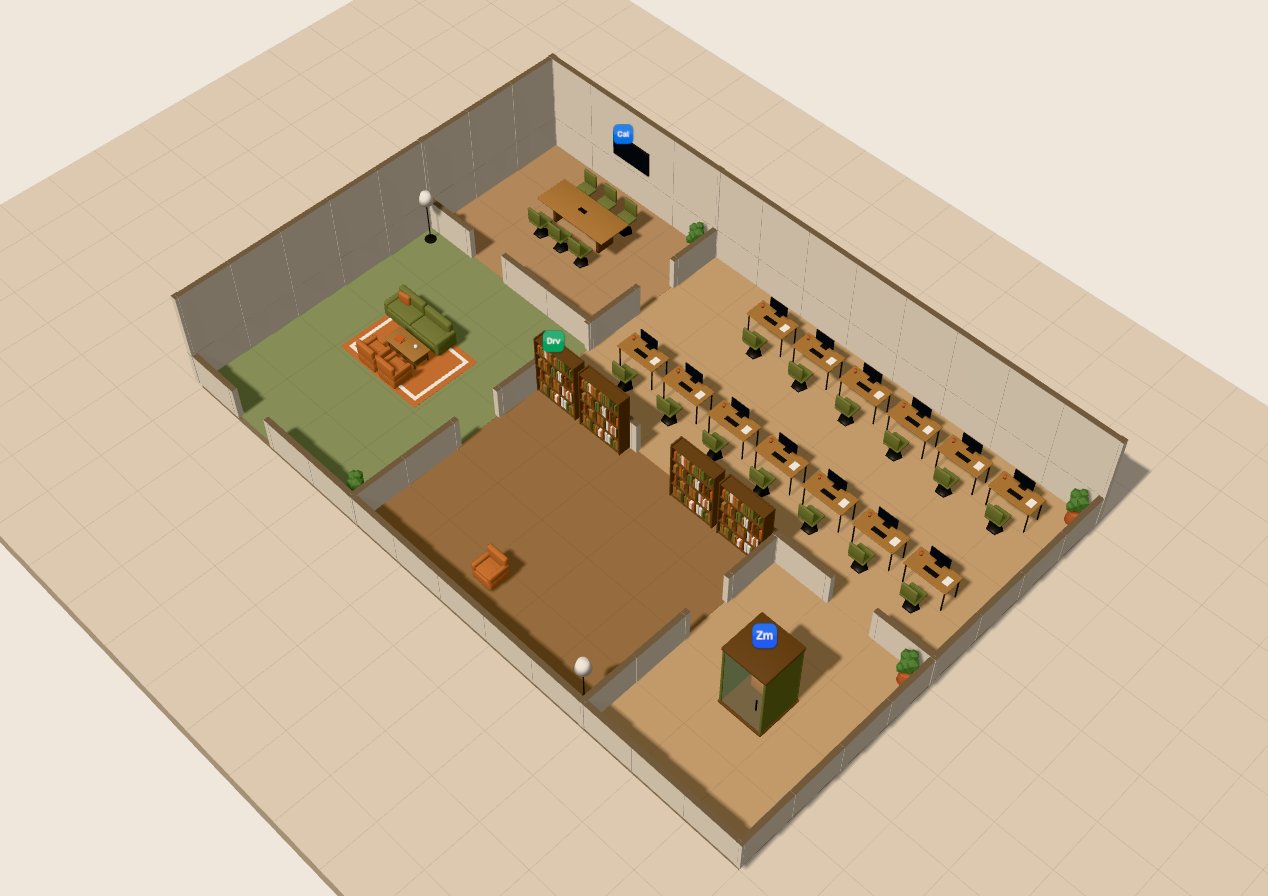 A Gameworks office: desks, a meeting room, a lounge and a library, seen from above